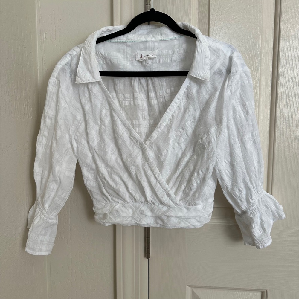 Anthropologie White Banded Surplice V-Neck Blouse - Textured Puff Sleeve - S - Picture 8 of 8